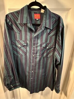 Plains Pearl Snap Striped Western Shirt - Teal & Navy